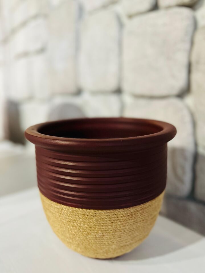Bordo Hasır İpli Seramik Saksı 20x18