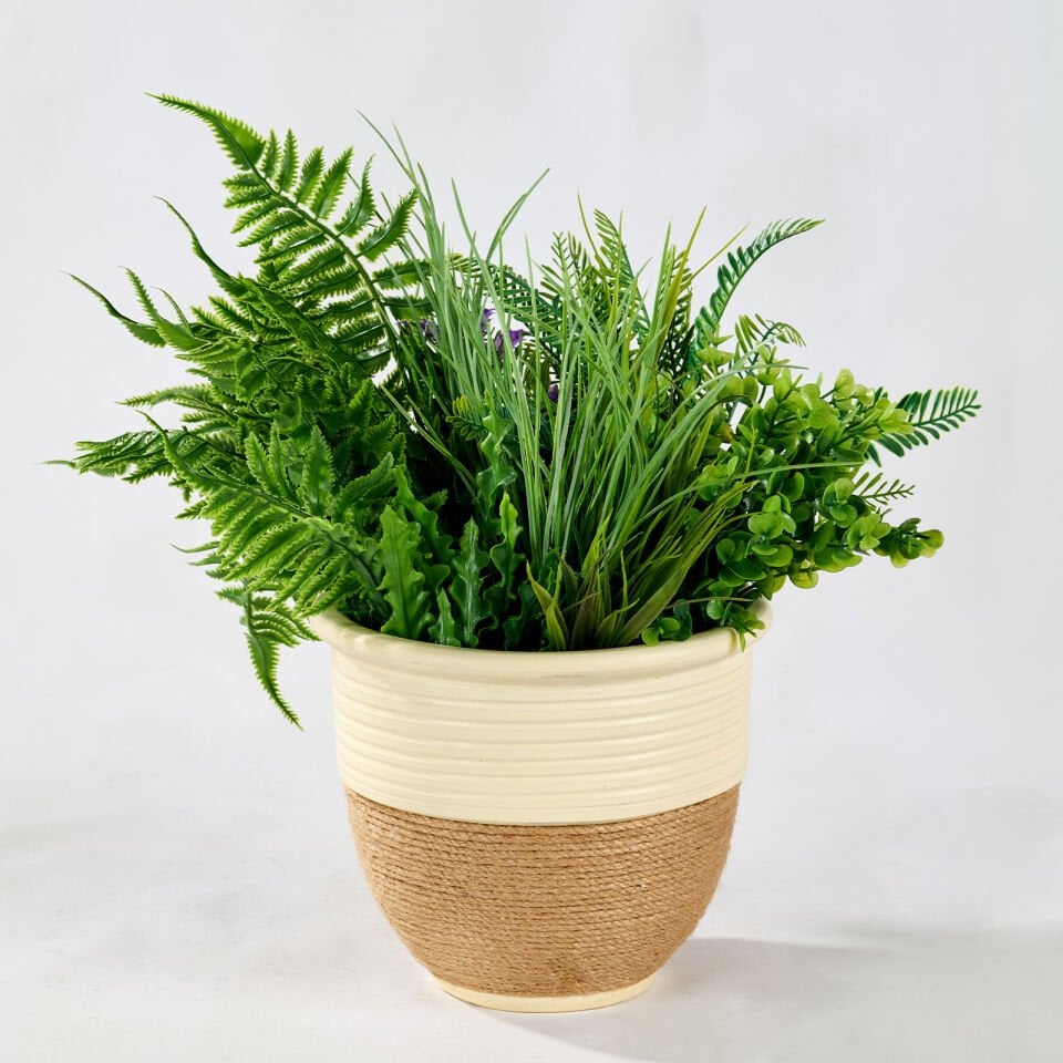 Krem Hasır İpli Seramik Saksı 20x18